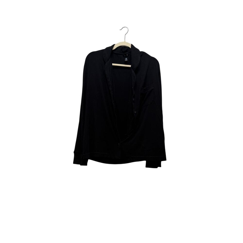 SKIMS Onyx Sleep Long Sleeve Button Up Top XL Black Ribbed Lounge - Picture 1 of 6